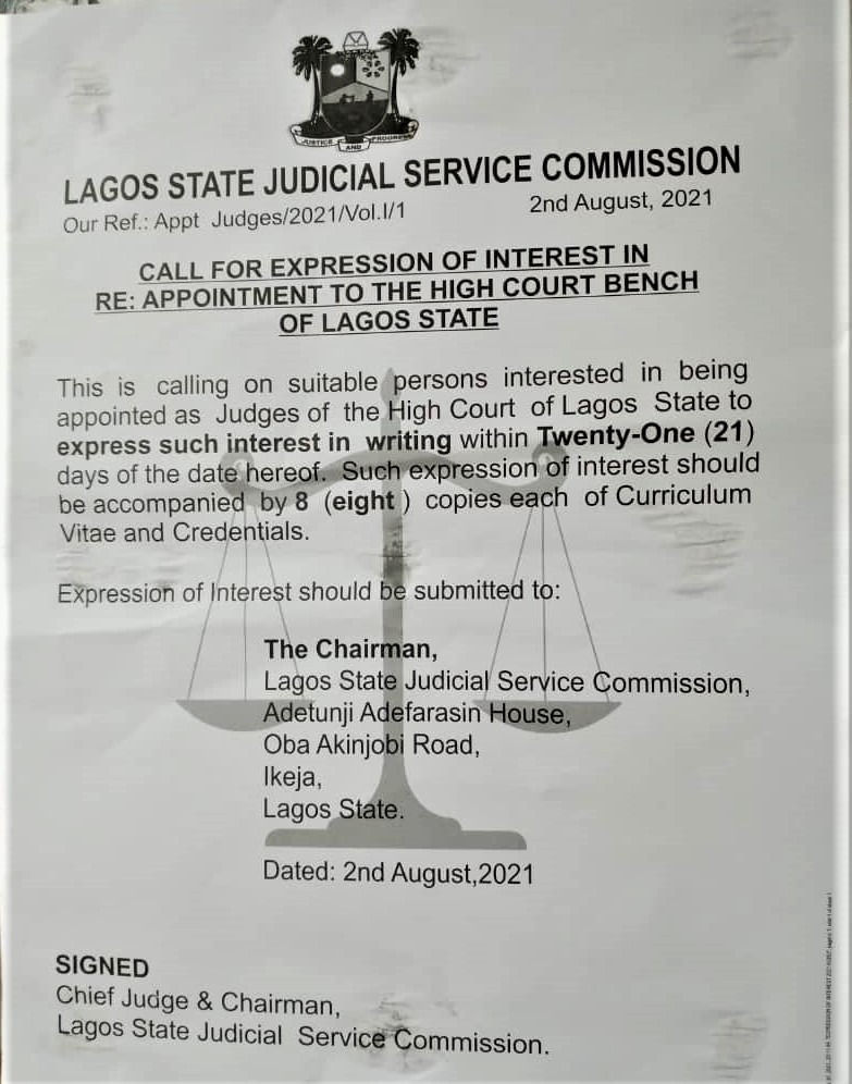 Lagos State Judicial Service Commission calls for Expression of Interest